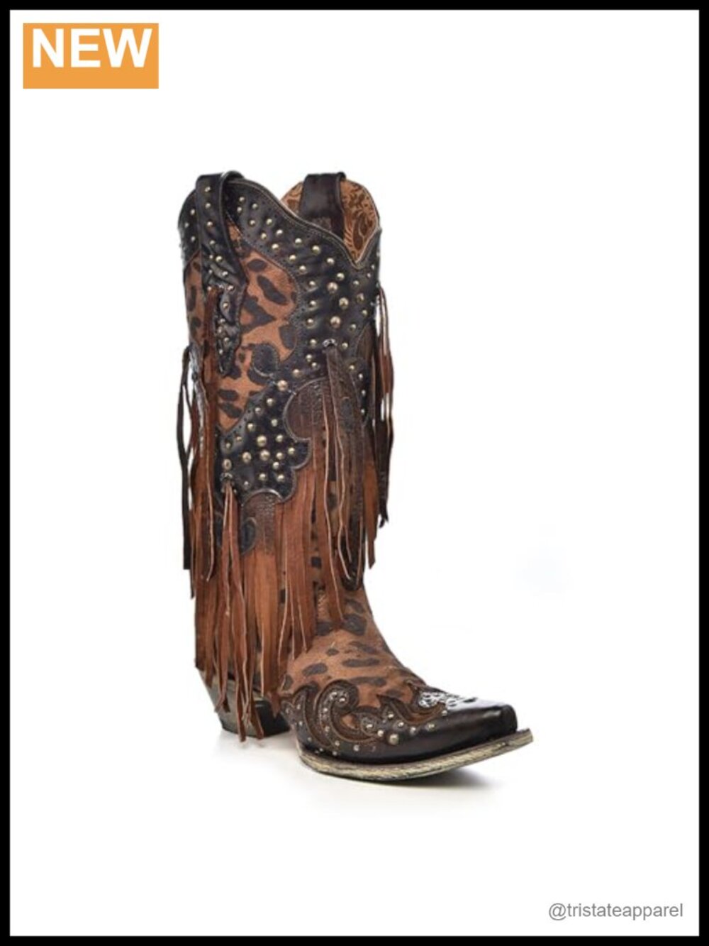 Leather Snip Toe Western Boots with Fringe Zipper Pull On, Calf High